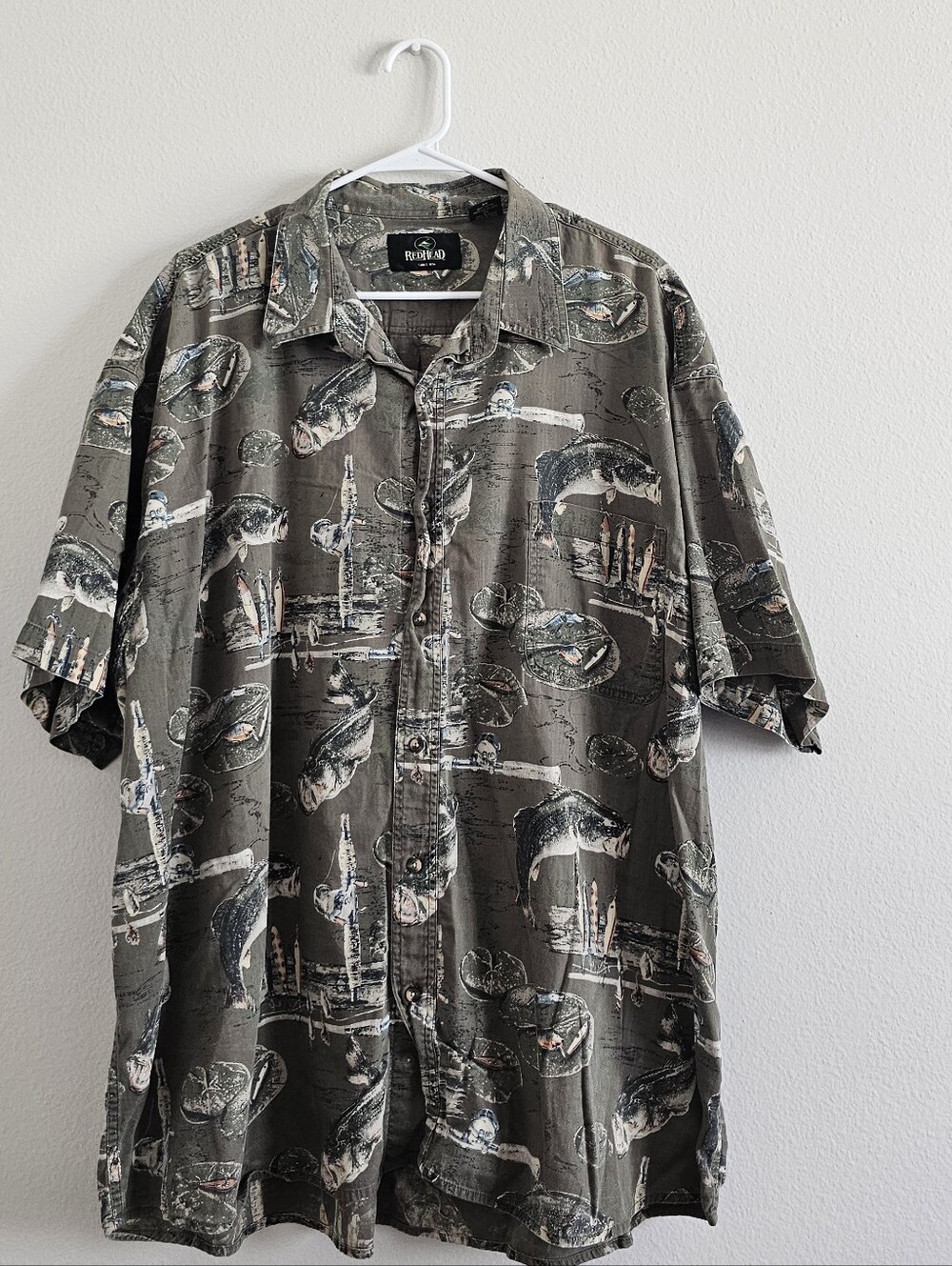 Redhead Outdoor Fishing Themed Graphic Print 100% Cotton Button Down Shirt 3X